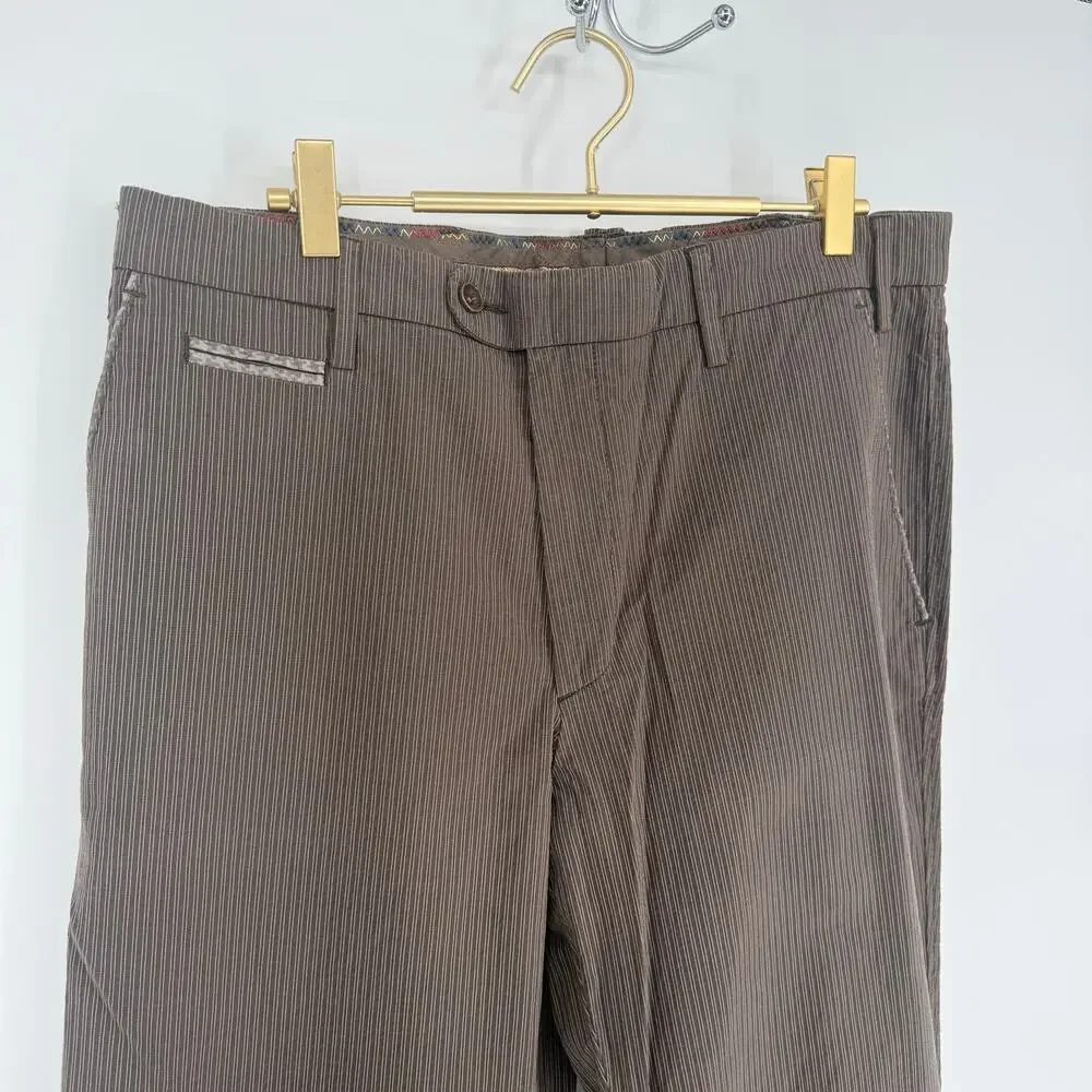 Robert Graham Men's Casual Pants Brown Khaki Cotton Twill Vertical Strip 34